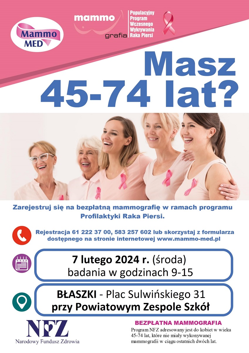 Bezpłatna mammografia dla kobiet 45-74 lata- 2 luty 2024 godz. 9-15 