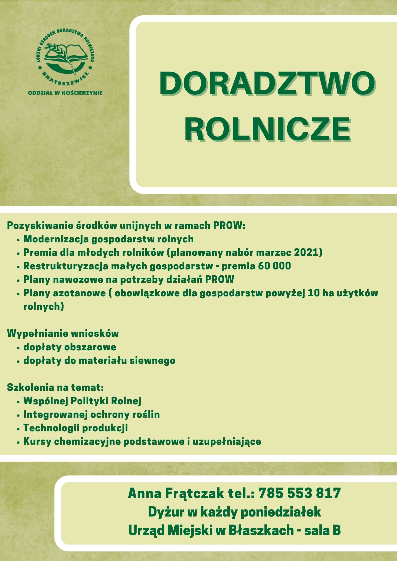 Plakat z informacją o doradztwie rolniczym w gminie Błaszki w każdy poniedziałek