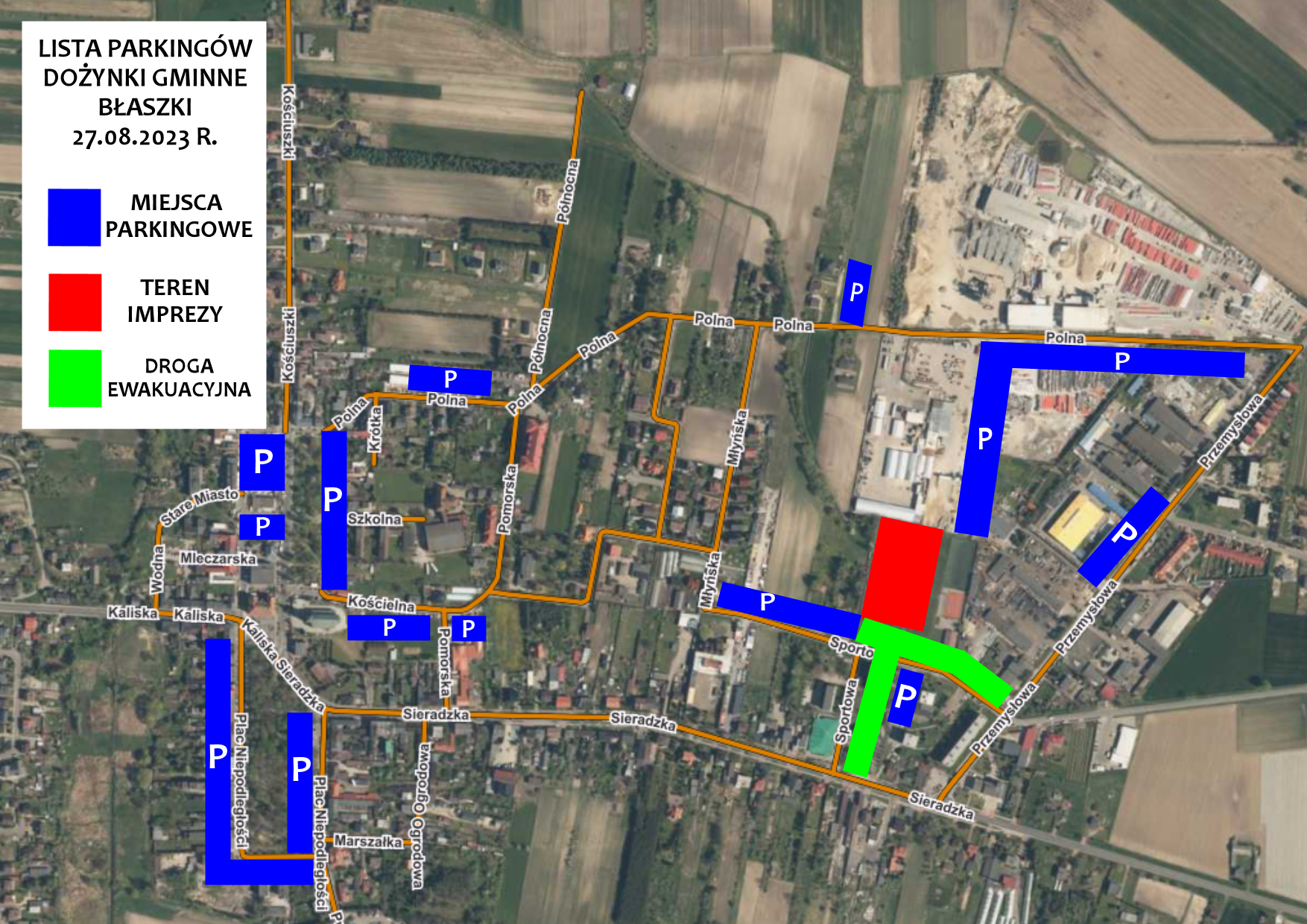Mapka z miejscami parkingowymi na czas Dożynek Gminnych w Błaszkach